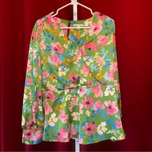 🔥🔥Cato Green Floral Wrap Top with Pink & Blue Blooms
